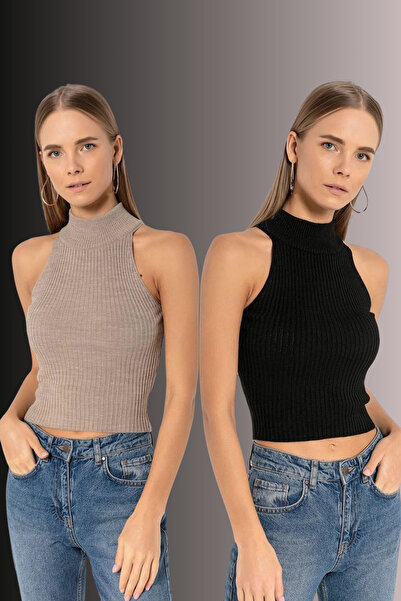 Miss Poem Women's 2-Piece Turtleneck Basic Crop Knitwear Sweater