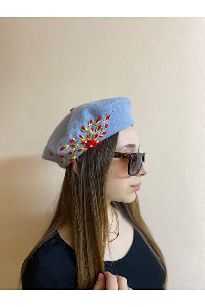 sema aksesuar Handmade Red Floral Embroidered Pearls Gray French Painter Beret Hat - Gift New Year New Year Christmas