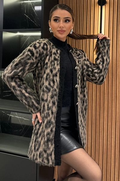 GÜLSELİ Black and Beige Women's Leopard Decorated Sweater Cardigan