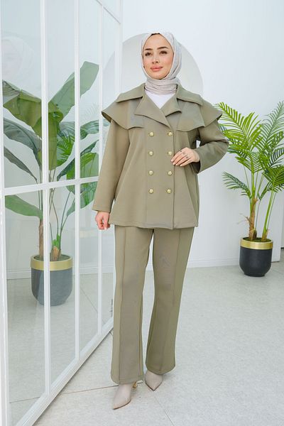 LOCCO Green Women's Double Set - Front Button and Piping Detail