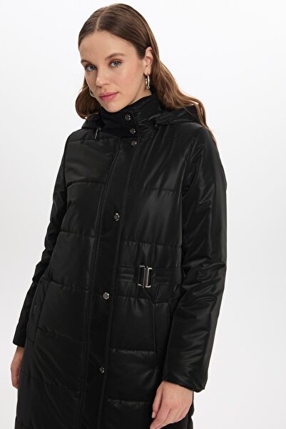 Zühre Μαύρο παλτό με λεπτομέρεια με κουμπιά με κουκούλα 13691