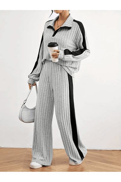 Moda Monisa Color Block Camisole Casual Pants Set & Long Sleeve Lapel Detailed Wide Leg Trousers