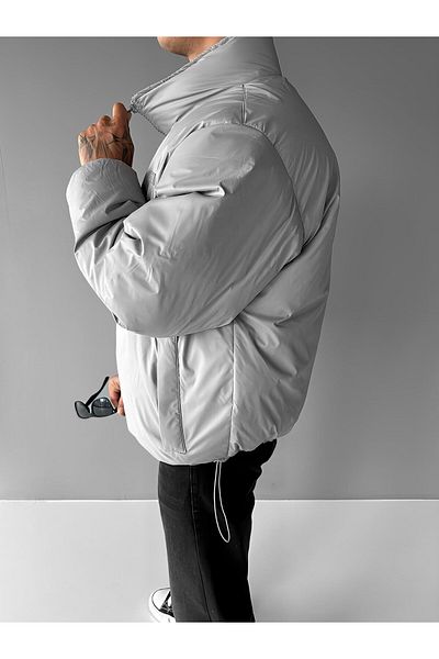 ablukaonline Men's Oversize Stand Collar Zippered Pocket Coat Gray