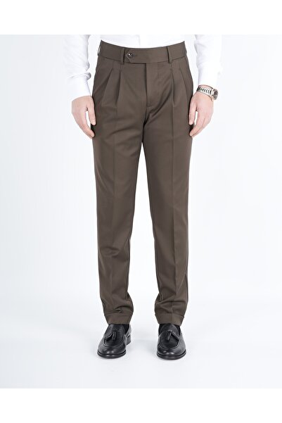 LONATOLİA Erkek Regular Fit Yüksek Bel Piliseli Tokalı Kumaş Pantolon-Haki