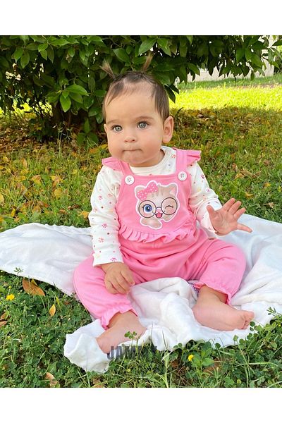 Jammybaby Cat Embroidered Frilly 100% Cotton Baby Girl Salopet Jumpsuit and Paw Patterned Inner Bodysuit Set