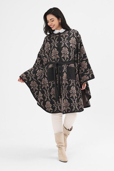 Uludağ Triko Women's Anthracite Belt Detailed Ethnic Pattern Knitwear Poncho