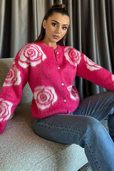 GÜLSELİ Fuchsia Women's Rose Patterned Buttoned Knitwear Cardigan