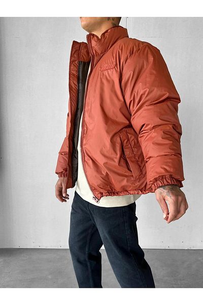 ablukaonline Men's Oversize Stand Collar Zippered Pocket Coat Orange