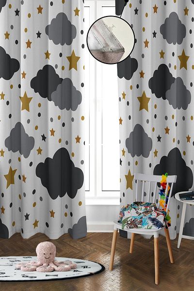 Doruklar Home Collection Digital Printing Washable Cloud Pattern 2 Wings Baby and Children's Room Background Curtain