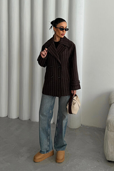 Ortaya Çık Brown Herringbone Pattern Stamp Coat