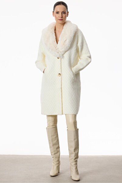 Tığ Triko Yakası Kürklü Triko Kaban EKRU