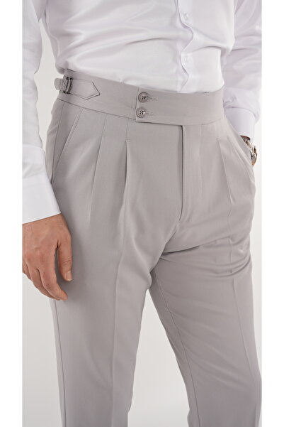 LONATOLİA Erkek Regular Fit Yüksek Bel Piliseli-Tokalı Kumaş Pantolon-Açık Gri