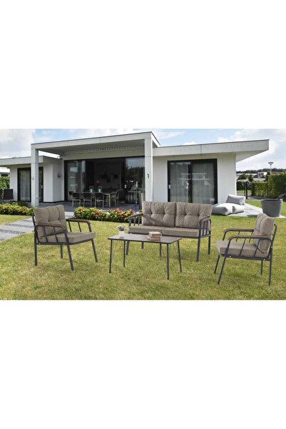 TANDOĞAN KOPYA - Erciyes Bahçe Mobilya Takımı Metal Kanepe Koltuk Takımı - 2+1+1 + Sehpa CAPPİCİNO