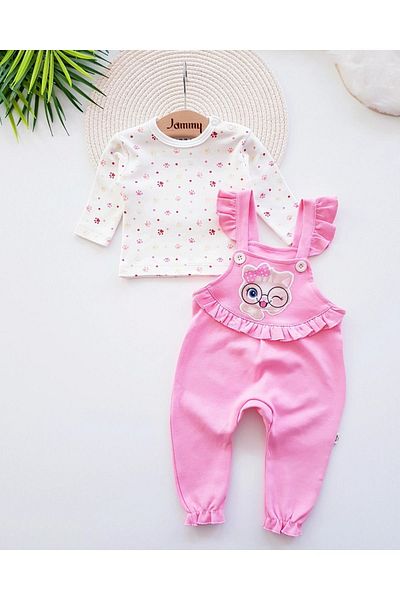 Jammybaby Cat Embroidered Frilly 100% Cotton Baby Girl Salopet Jumpsuit and Paw Patterned Inner Bodysuit Set