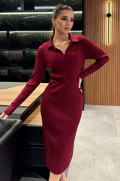 GÜLSELİ Claret Red Γυναικείο φόρεμα με λαιμόκοψη με δέσιμο στη μέση