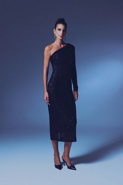 Sateen Rochie cu paiete cu o singură mânecă - NEGRU