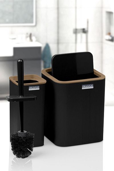 Okyanus Home Mina Due Μαύρο ριγέ τετράγωνο σετ 2 τεμαχίων WC κουβάς και πινέλο