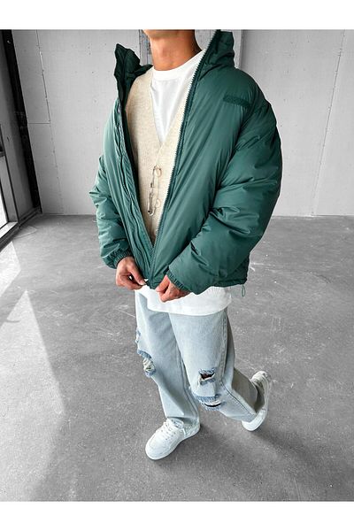 ablukaonline Men's Green Oversize Coat with Stand Collar and Zipper Pockets