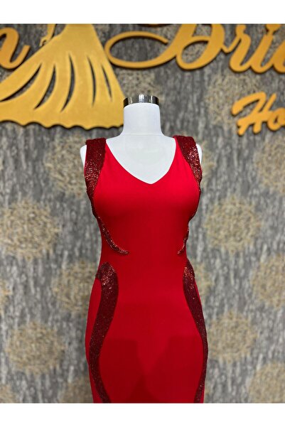 MODA Kırmızı Taş İşlemeli Balık Model Abiye Elbise