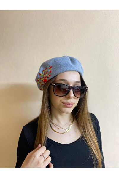 sema aksesuar Handmade Red Floral Embroidered Pearls Gray French Painter Beret Hat - Gift New Year New Year Christmas
