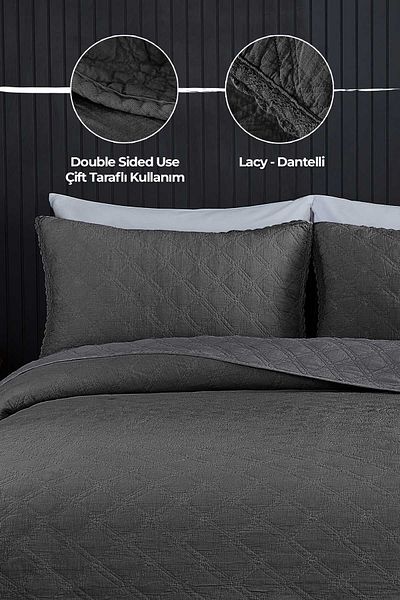 Evlen Home Collection 100% Cotton Double Pique Set Special Stone Washed Bedspread Barbara 3 Piece Soft Anthracite