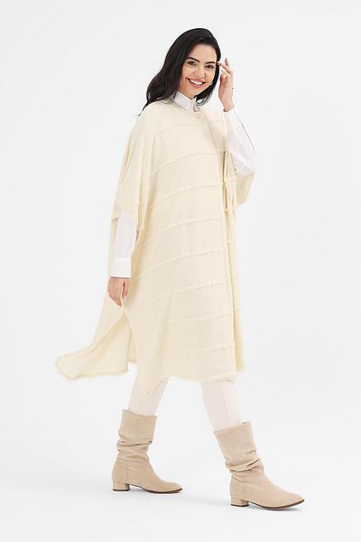 Uludağ Triko Women's Bone Tasseled Flap Poncho
