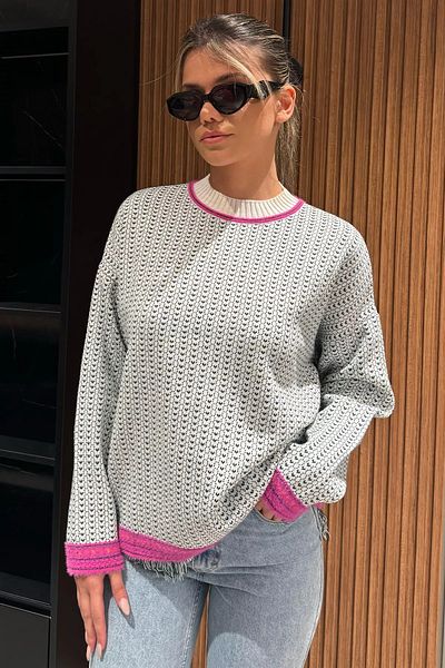 GÜLSELİ Green Cream Women's Patterned Sweater with Tassels