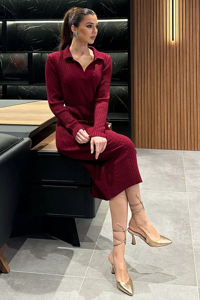 GÜLSELİ Claret Red Γυναικείο φόρεμα με λαιμόκοψη με δέσιμο στη μέση