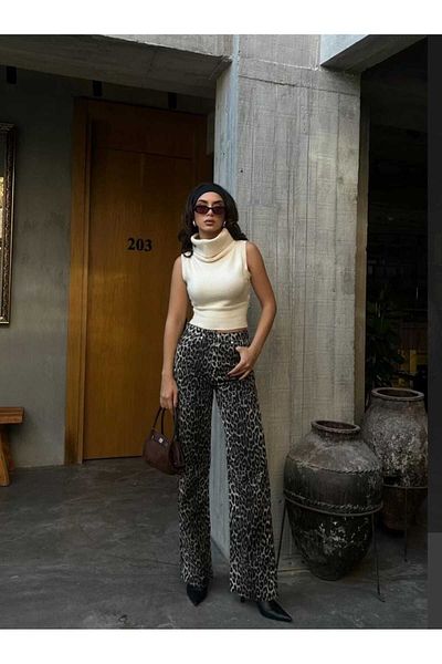 dshee woman Leopard Print Denim Trousers