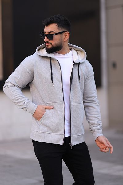 Dr Dnm Remix Men's Gray Slim Fit Basic Hooded Zippered Sweatshirt Fleece