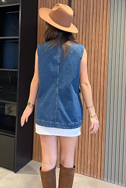 GÜLSELİ Navy Blue Women's Jean Jeans Vest