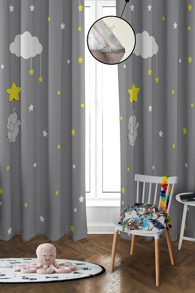 Doruklar Home Collection Digital Printing Washable Star Cloud Pattern 2 Wings Baby and Children's Room Background Curtain