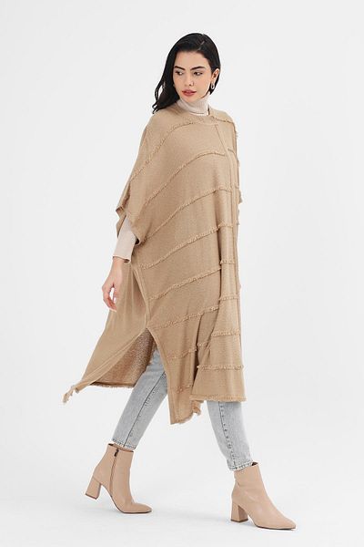 Uludağ Triko Γυναικείο Milk Coffee Seasonal Tassel Cuff Long Poncho