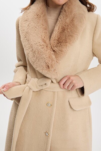 Zühre Beige Coat with Button and Belted Fur Detail 13620