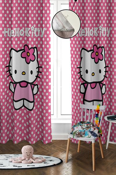 Doruklar Home Collection Digital Printing Washable Hello Kitty Pattern 2 Wings Baby and Children's Room Background Curtain