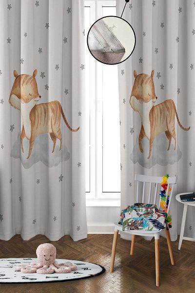Doruklar Home Collection Digital Printing Washable Fox Pattern 2 Wings Baby and Children's Room Background Curtain