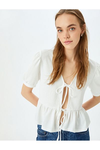 Koton Crew Neck - Balloon Sleeve Lace up Blouse Cinch