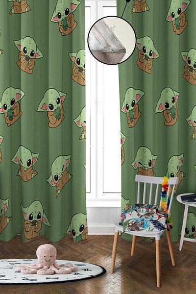 Doruklar Home Collection Digital Printing Washable Baby Yoda Patterned 2 Wings Baby and Children's Room Background Curtain