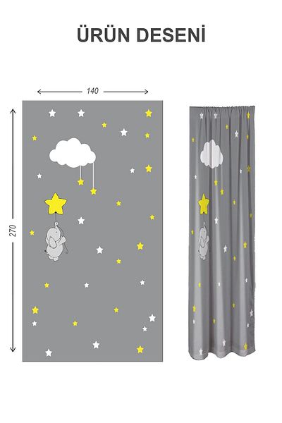 Doruklar Home Collection Digital Printing Washable Star Cloud Pattern 2 Wings Baby and Children's Room Background Curtain