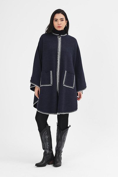 Uludağ Triko Women's Navy Blue Shepherd's Stitched Knitwear Poncho