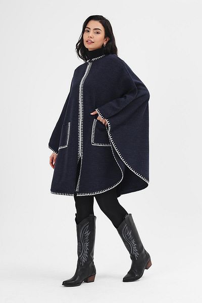 Uludağ Triko Women's Navy Blue Shepherd's Stitched Knitwear Poncho