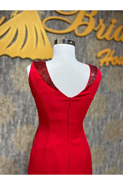 MODA Kırmızı Taş İşlemeli Balık Model Abiye Elbise