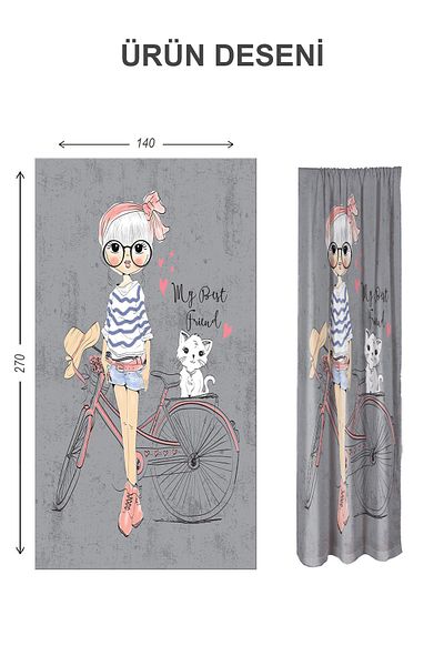 Doruklar Home Collection Digital Printing Washable Cat and Girl Pattern 2 Wings Baby and Children's Room Background Curtain