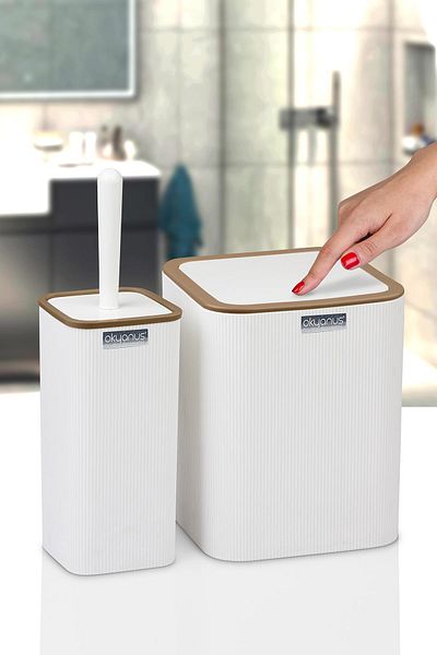 Okyanus Home Σετ κουβά και πινέλου WC 2 τεμαχίων Mina Due White ριγέ τετράγωνο