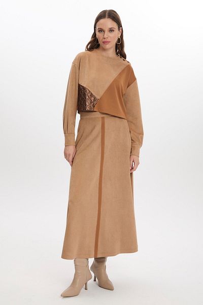 Zühre Beige Color Block Double Suit - Tk-1411