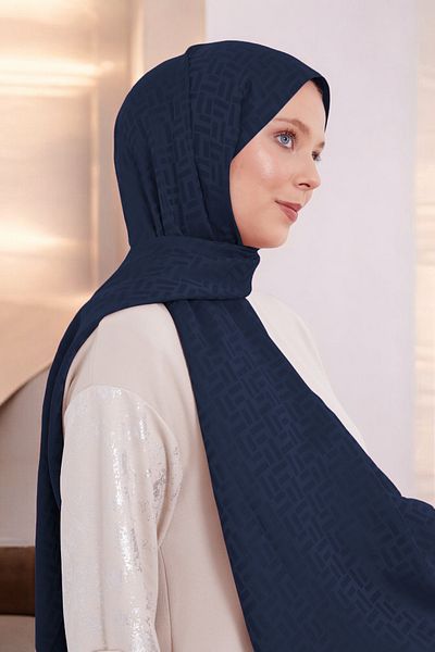 ihvanonline Hijab Blue Jacquard Γυναικείο Σάλι - Ορθογώνιο Navy Blue