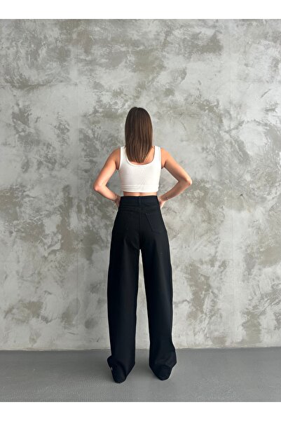 Linarose Kadın Siyah Bol Kesim Geniş Paça Rahat Boyfriend Baggy Jean Pantolon
