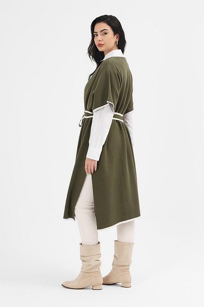 Uludağ Triko Women's Dress Poncho with Dog and Belt Nurse Lapel Head Reenactment Long Dress