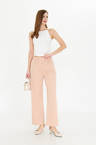 Kutaf Bej Wide Leg Geniş Paça Çırt Çırt Kapamalı  Pile Detaylı Yüksek Bel Dokuma Kumaş Pantolon