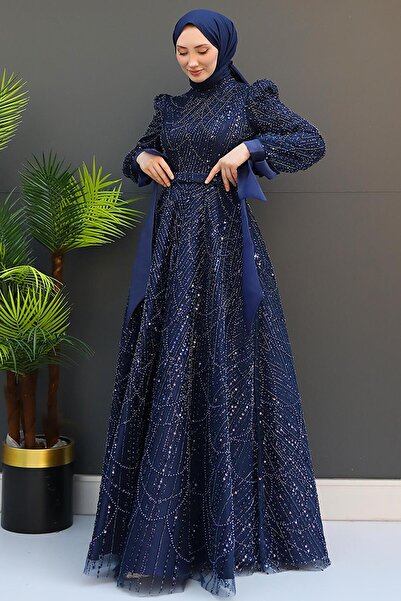 GİYZAMİLA Selver Hijab Evening Dress Navy Blue